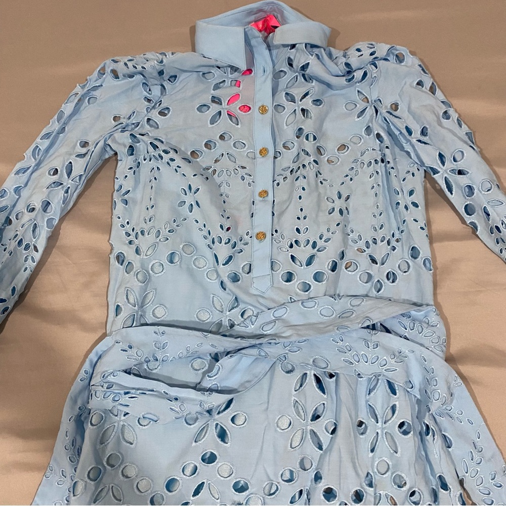 LILLY PULITZER Zia Long Sleeve Eyelet Midi Dress in Hydra Blue - Picture 6 of 16